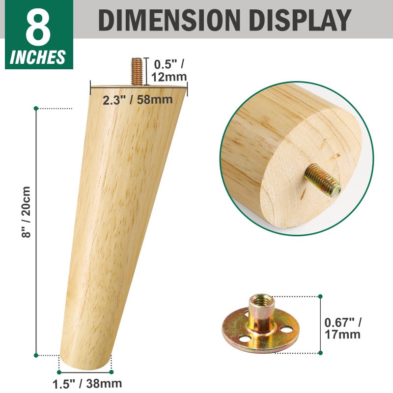 FoDau770 Rubber Wood Furniture Legs 8 Inches, Slant Tapered Wood Legs Mid Century Sofa Legs Set of 4, 5/16"" UNC Furniture Feet Replacement Legs for Cabinet Sofa Couch Dresser Chair Ottoman Table - Image 3